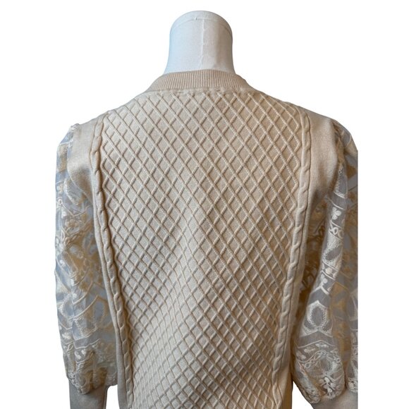 2/$30 Calligraphie M NWOT Beige Knit Sweater Intricate Lace Sleeves - Picture 9 of 13